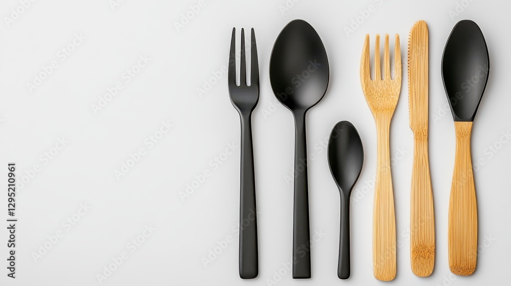 Set of Elegant Black and Bamboo Kitchen Utensils on Gray Background Set of Elegant Black and Bamboo Kitchen Utensils on Gray Background