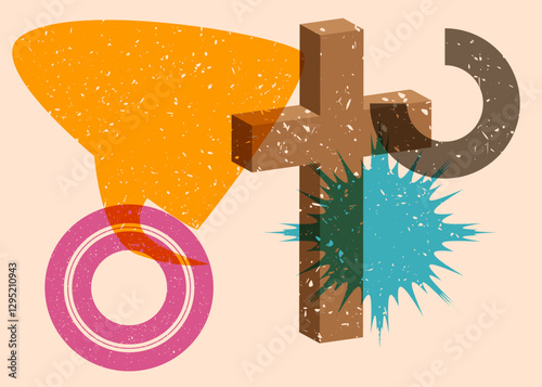 Risograph Religion cross, Crucifix with geometric shapes. Objects in trendy riso graph print texture style design with geometry elements.