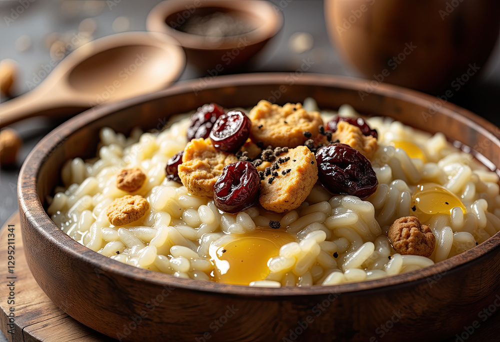 Rustic rice pudding with raisins for comfort food blogs, recipe websites and seasonal menus Rustic rice pudding with raisins for comfort food blogs, recipe websites and seasonal menus