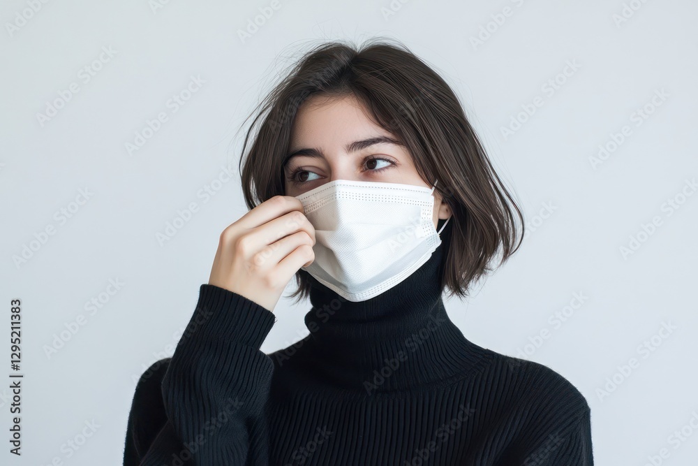 Woman adjusting face mask, indoors, neutral background, health safety Woman adjusting face mask, indoors, neutral background, health safety