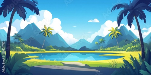 Tropical Lake Scene with Mountains