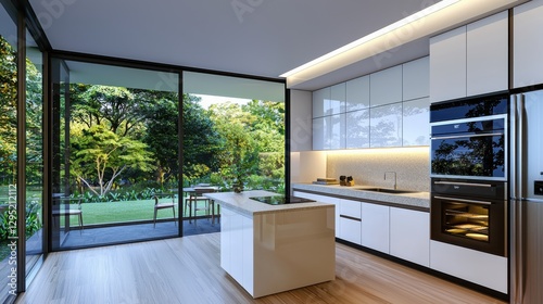 Modern kitchen design featuring energy-efficient appliances in a natural light-filled space wide angle view showcasing sleek aesthetics