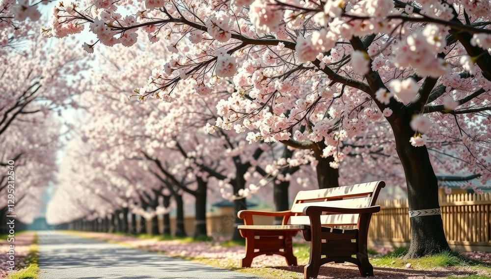 Serene cherry blossom pathway with wooden bench under blooming sakura trees in spring Serene cherry blossom pathway with wooden bench under blooming sakura trees in spring