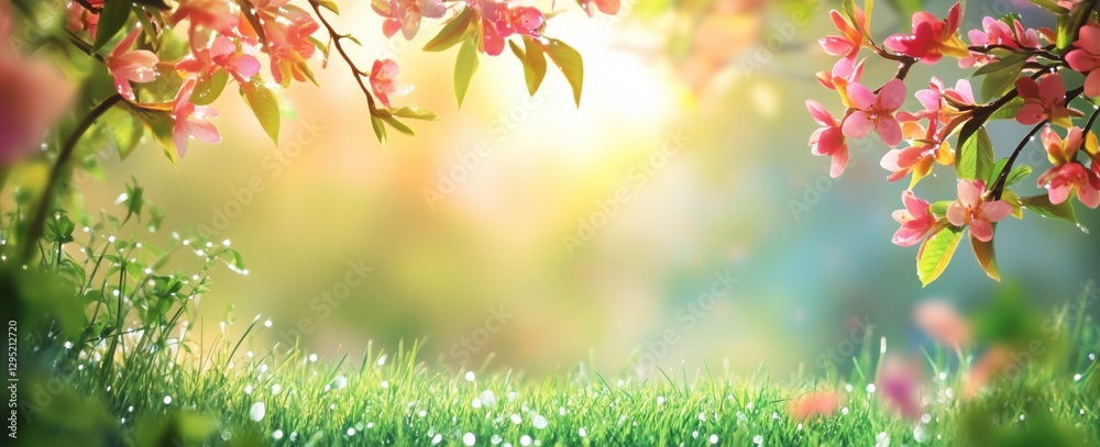 Sunlit cherry blossoms over lush green grass with dewy leaves in vibrant spring scene Sunlit cherry blossoms over lush green grass with dewy leaves in vibrant spring scene