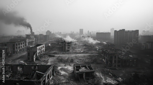Urban Demolition Cityscape, Smog, Destruction, Aerial View, Post-Industrial