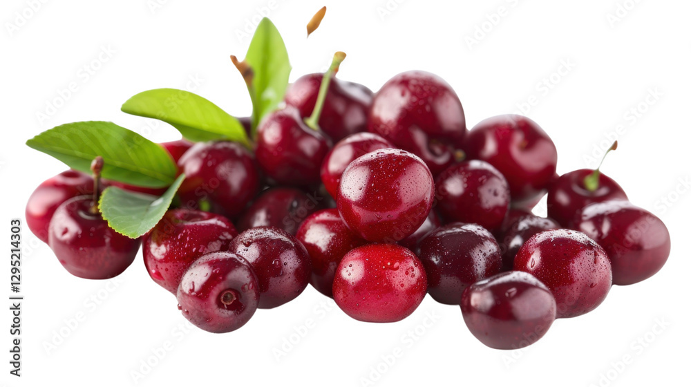 Fresh red cherries with green leaves on transparent background Fresh red cherries with green leaves on transparent background