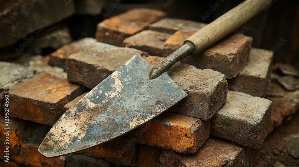 Old rusty trowel rests on aged bricks. Perfect for construction, DIY, or vintage themes. Old rusty trowel rests on aged bricks. Perfect for construction, DIY, or vintage themes.
