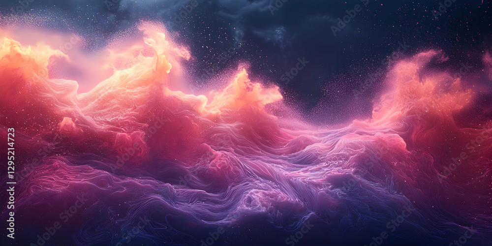 Abstract 3D digital art depicting swirling, luminous waves of pink, purple, and orange hues against a dark, starry background. Abstract 3D digital art depicting swirling, luminous waves of pink, purple, and orange hues against a dark, starry background.