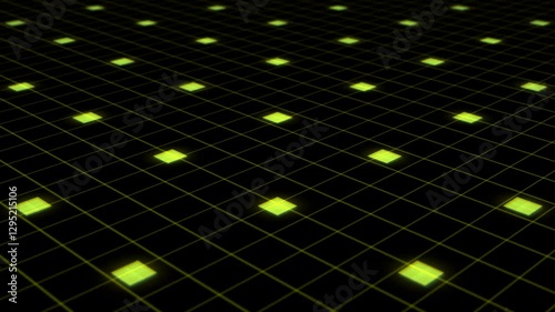 A digital grid with glowing green lights, creating a futuristic and abstract pattern on a dark background.