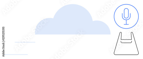Cloud icon with emanating lines, voice command microphone in circle, shopping bag conveying idea of effortless storage. Ideal for tech, cloud computing, voice recognition, e-commerce, data