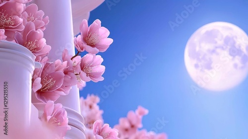 Cherry Blossom Bloom Under Gentle Moonlight with Architectural Columns Graceful Stillness