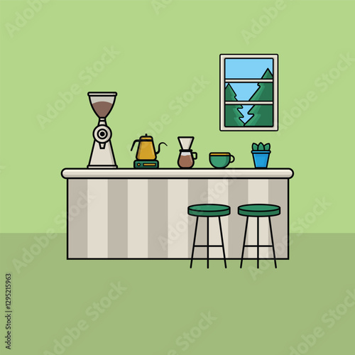 Vector illustration of a cozy coffee bar featuring a grinder, kettle, dripper, cups, stools, and a scenic window