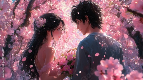 Couple Admiring Pink Cherry Blossoms Romance and Love in Spring