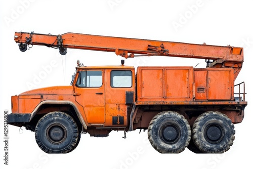 Orange construction truck with crane, isolated on white photo