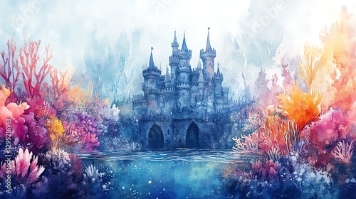 Watercolor Castle in Underwater Coral Reef Landscape