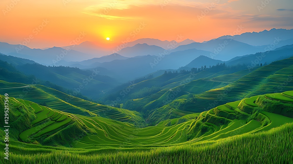 Naklejka premium Sunrise over terraced rice paddies, China, mountains