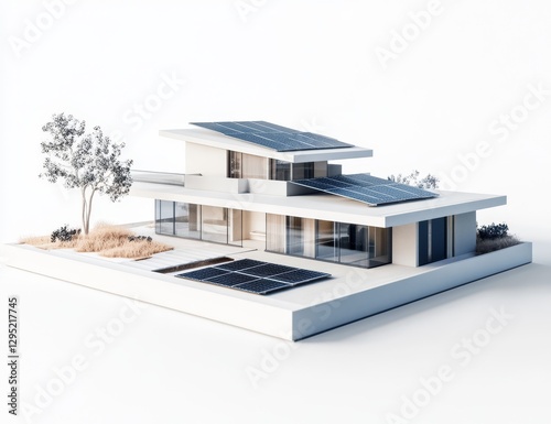 Modern Sustainable House Model on White Background with Solar Panels photo