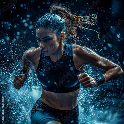 Female athlete in motion, dynamic action shot, high-intensity workout, sportswear, sweat, determination, energetic vibe, fitness concept, sharp details
