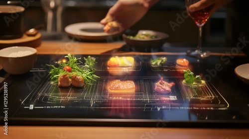 Augmented reality menu displaying 3D holographic food previews, futuristic restaurant experience