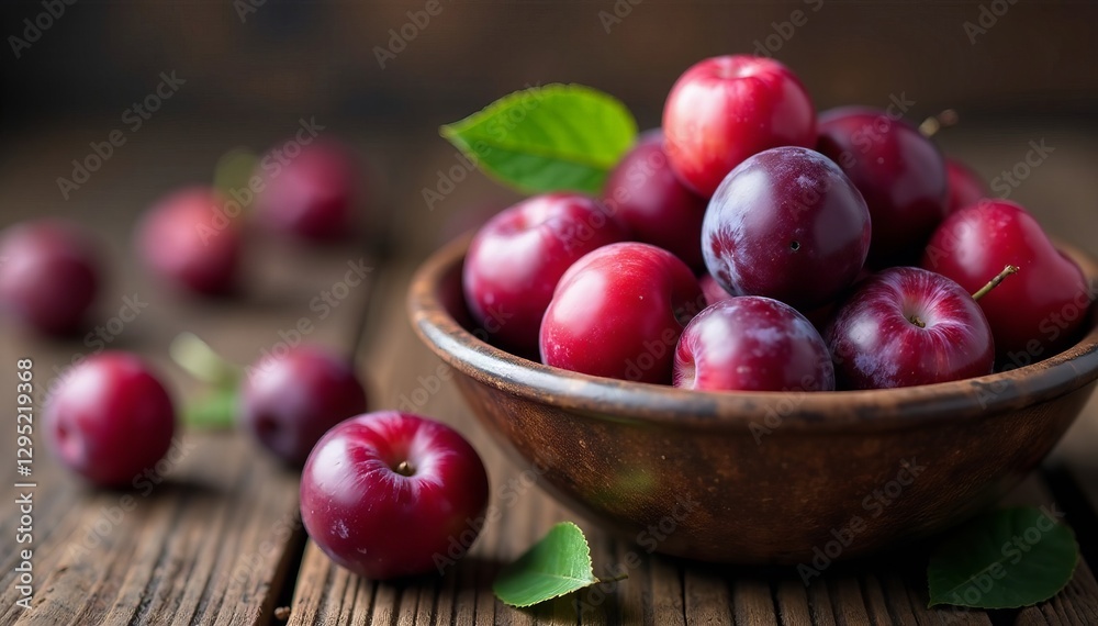 Ripe plums arranged beautifully in a rustic bowl, fruit, ripe Ripe plums arranged beautifully in a rustic bowl, fruit, ripe