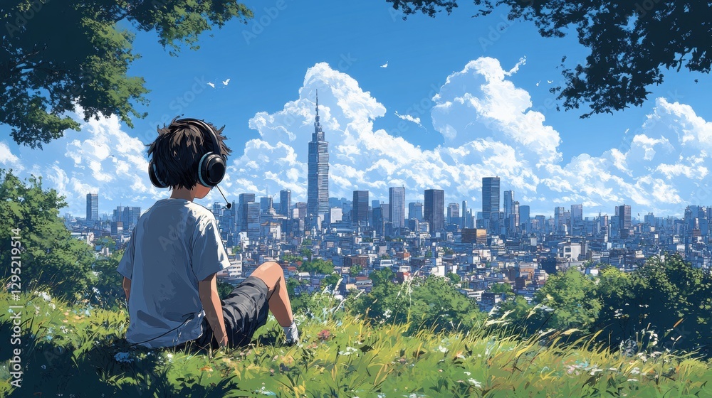 Obraz premium Boy with Headset Sitting and Watching Cityscape Anime Style Illustration