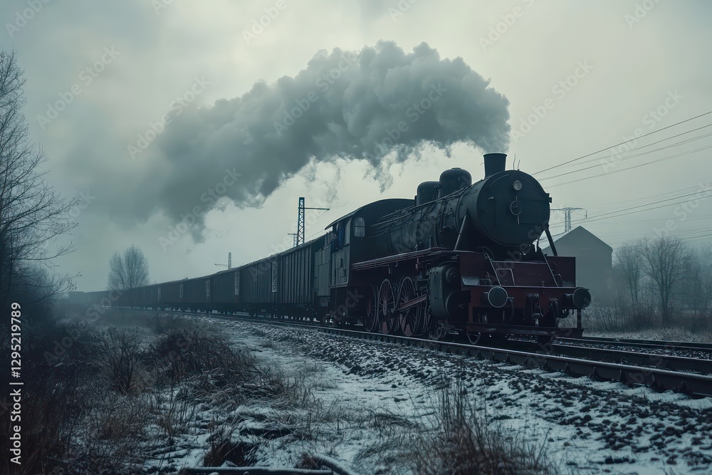 Obraz premium Steam train, winter landscape, freight cars, misty day, travel photography