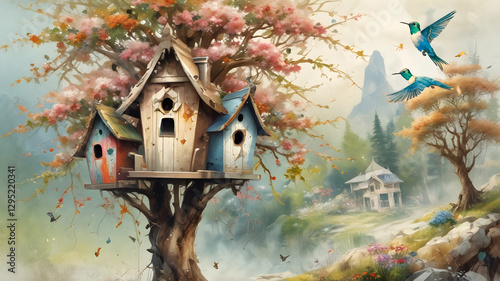 Colorful Birdhouses in a Spring Garden