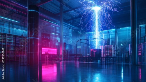 High-voltage Tesla coils generating plasma energy in a futuristic industrial lab, powerful electrical engineering concept
