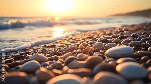 with granulated surfaces scattered across a stony beach 