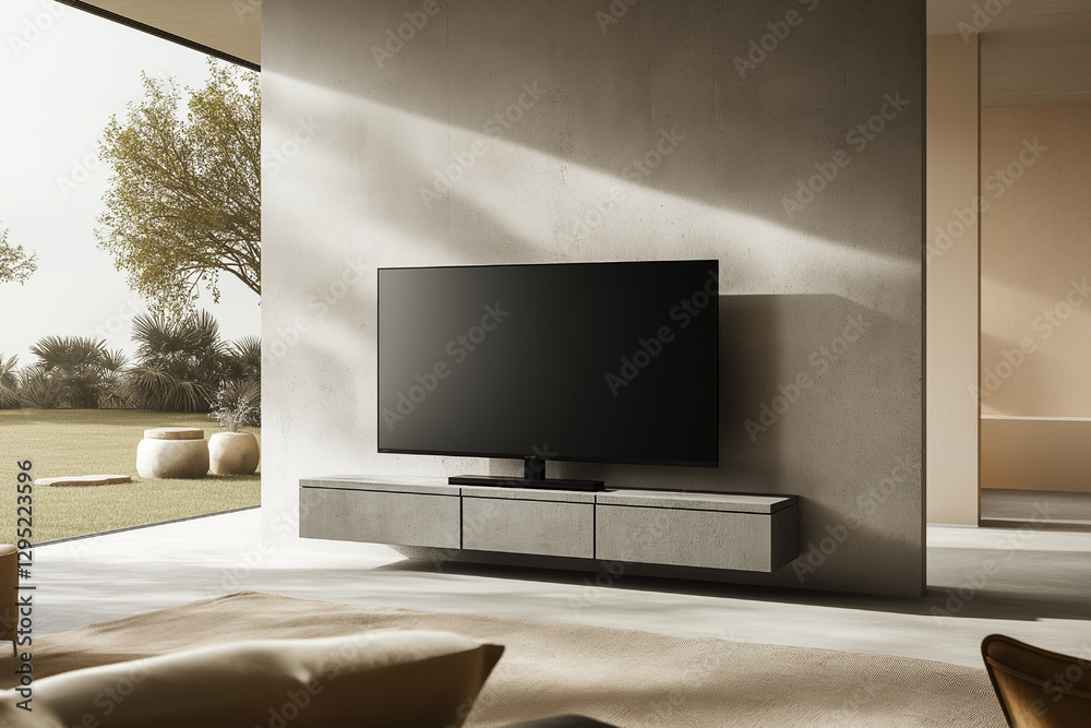 Fototapeta premium Modern Minimalist Living Room with Large Flat Screen TV