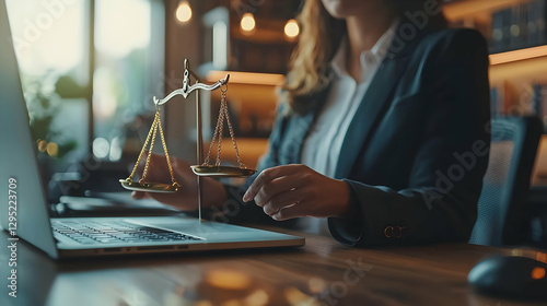 Lawyer Woman Using Laptop with Scales of Justice,  Modern Legal Workplace,  Professional Attorney Working Online.