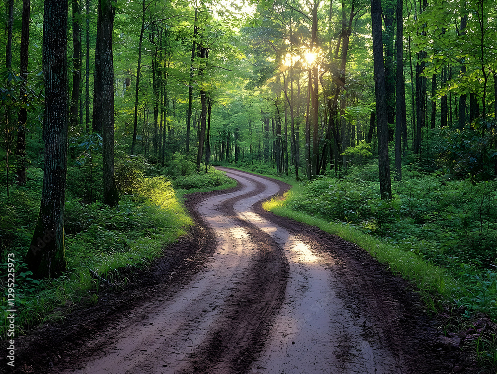 Sunlit Winding Dirt Road Through Lush Green Forest, Serene Nature Scene, Tranquil Pathway, Summer Woodland Trail, Peaceful Landscape Illustration Sunlit Winding Dirt Road Through Lush Green Forest, Serene Nature Scene, Tranquil Pathway, Summer Woodland Trail, Peaceful Landscape Illustration