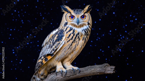 Owl perched on branch, starry night sky. Possible use Nature photography photo