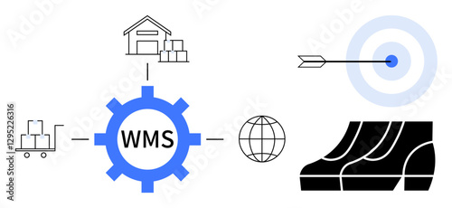 Warehouse, packages, gear with WMS, globe, arrow hitting target, boxes. Ideal for logistics, inventory management shipping efficiency accuracy supply chain business success. Abstract line flat