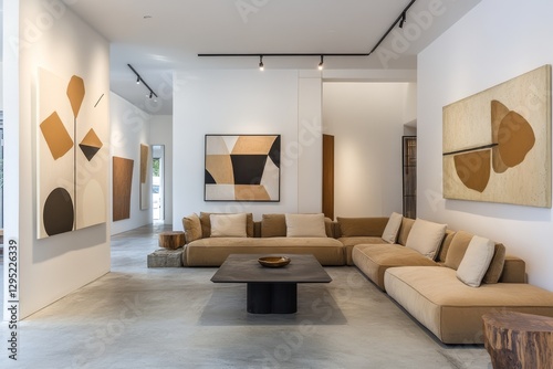 Modern art gallery interior with beige sectional sofa, minimalist decor photo