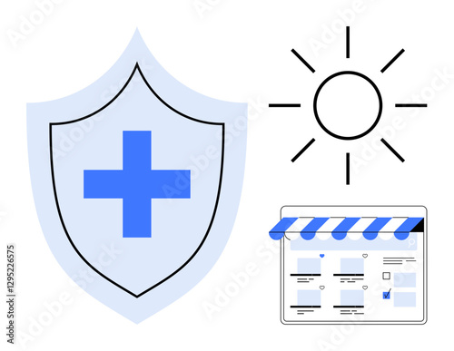 Shield with medical cross indicating health, sun icon suggesting hope, storefront graphic with blue awning representing business. Ideal for health safety, insurance, e-commerce, security, business