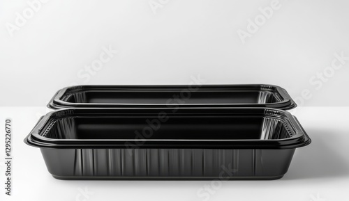 Black plastic food containers on white background (2) photo