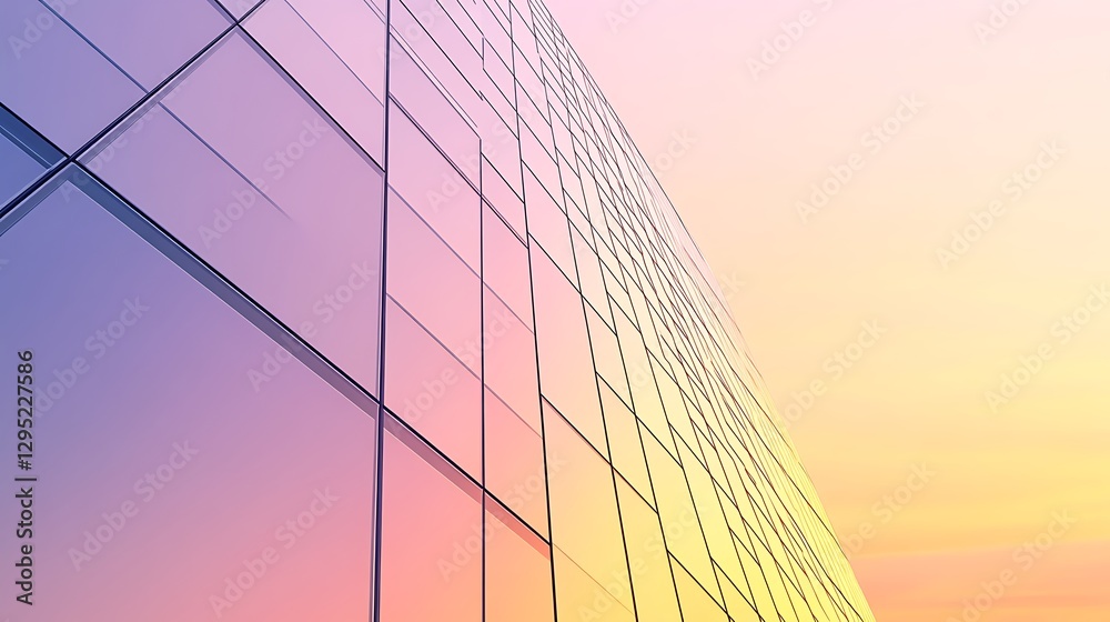 A glass skyscraper at sunrise, its reflective surface mirroring a seamless gradient from peachy gold to soft lavender, blending into the sky. A glass skyscraper at sunrise, its reflective surface mirroring a seamless gradient from peachy gold to soft lavender, blending into the sky.