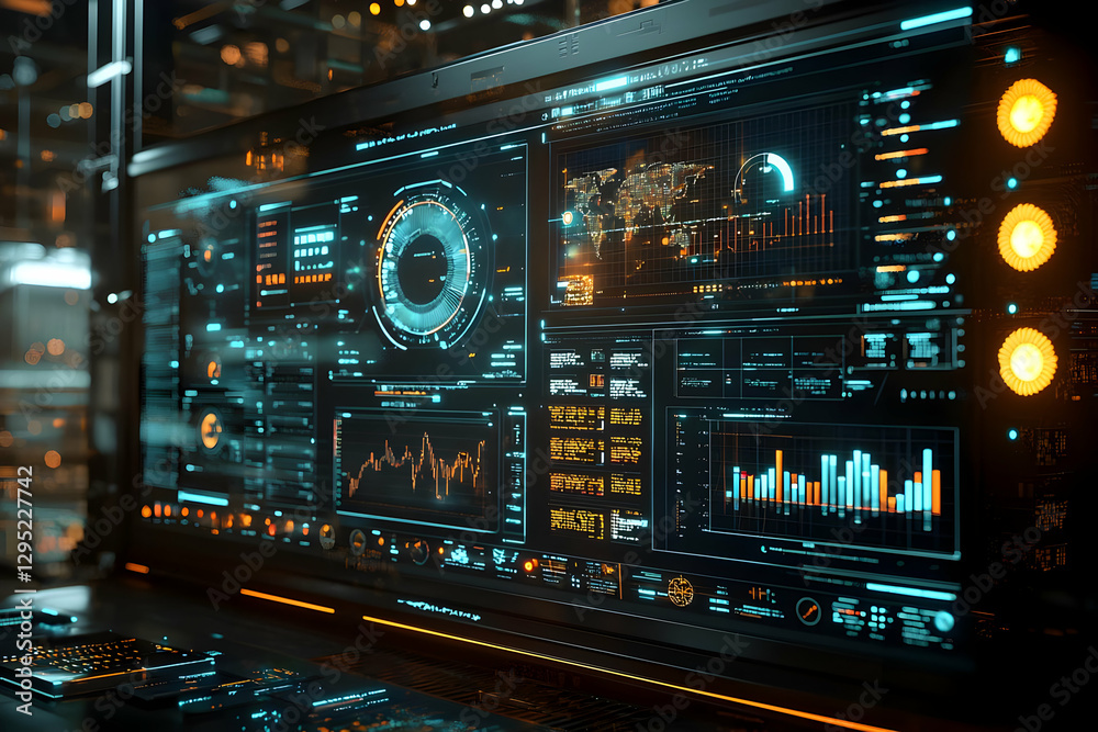 Futuristic 3D Render of a Computer Screen Displaying Global Data, Charts, and Graphs with Neon-like Aesthetics in a Dark Setting Futuristic 3D Render of a Computer Screen Displaying Global Data, Charts, and Graphs with Neon-like Aesthetics in a Dark Setting