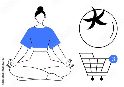 Woman meditating in lotus pose, Pisces zodiac symbol, and shopping cart with three notifications. Ideal for wellness, astrology, online shopping, mindfulness, spirituality, ecommerce modern