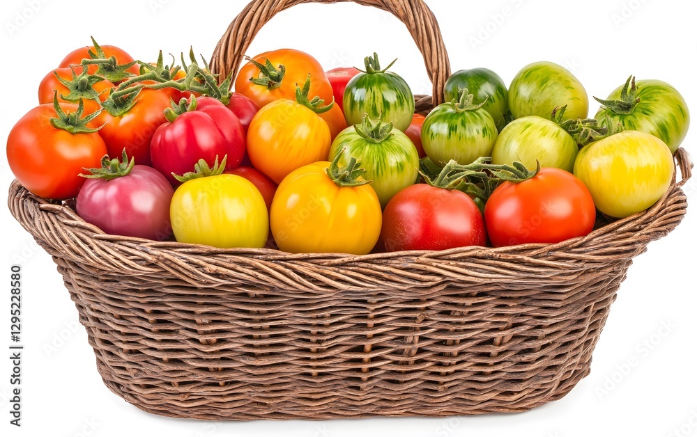Vibrant Colorful Heirloom Tomatoes in Rustic Basket Vibrant Colorful Heirloom Tomatoes in Rustic Basket