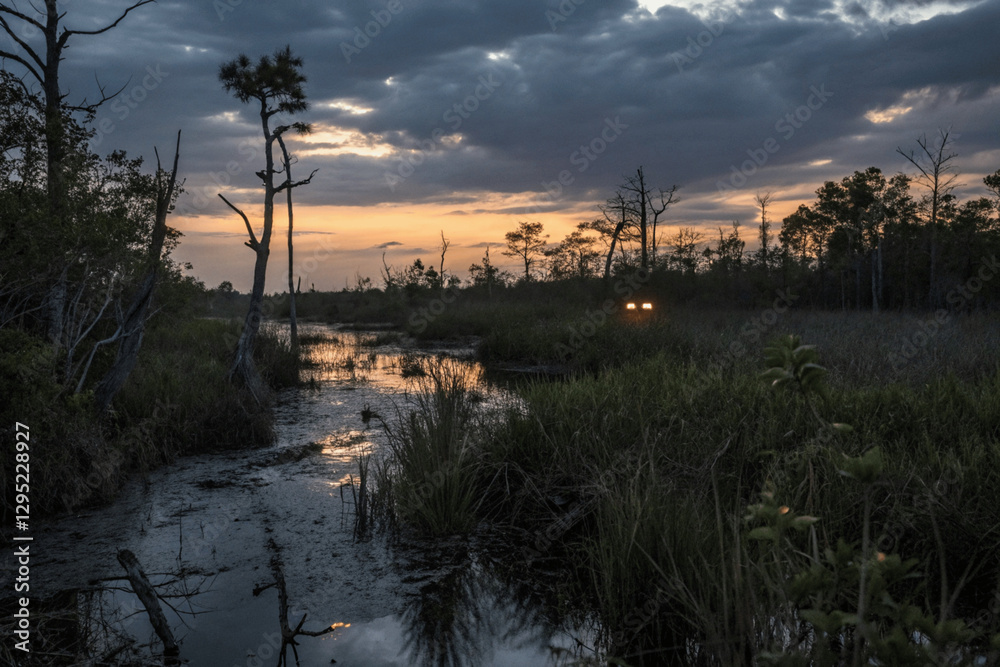 Obraz premium A tranquil wetland at sunset, with the sun shining through the clouds, casting a warm glow over the scene. A vehicle's headlights are visible in the distance, adding a sense of mystery and depth.