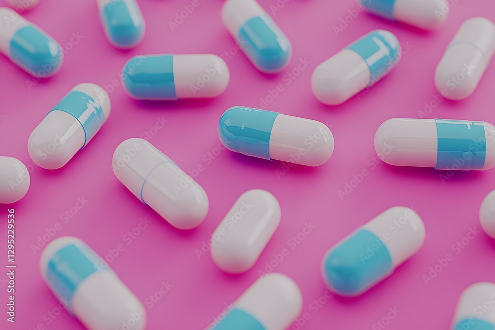 Scattered Blue and White Capsules on Pink Background Pharmaceutical Medicine Scattered Blue and White Capsules on Pink Background Pharmaceutical Medicine