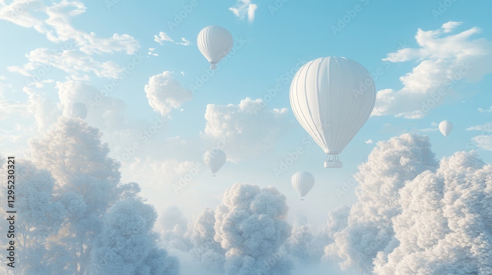 Fototapeta premium White Hot Air Balloons Soar Over a Dreamlike Winter Forest