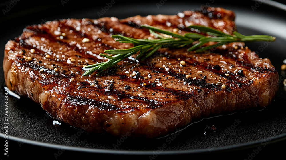A close-up of a succulent grilled steak resting on a sleek black plate. The rich texture and glistening juices symbolize indulgence, luxury, and satisfaction, evoking warmth, strength, and culinary ma A close-up of a succulent grilled steak resting on a sleek black plate. The rich texture and glistening juices symbolize indulgence, luxury, and satisfaction, evoking warmth, strength, and culinary ma