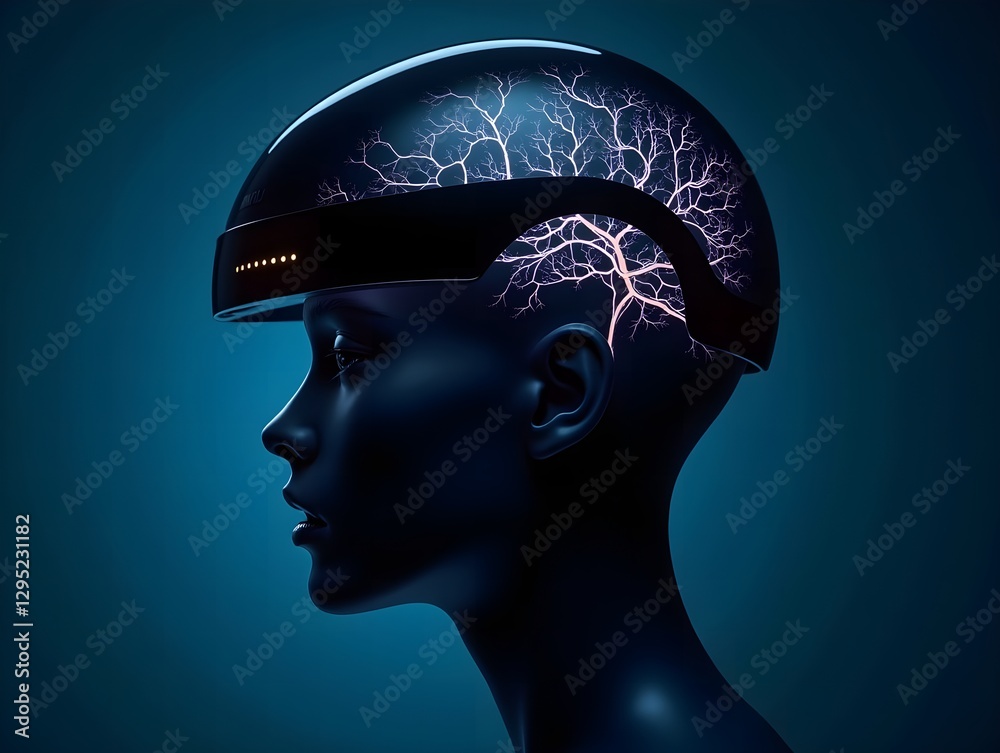 Obraz premium Neural Interface Helmet – AI Brain Technology Concept