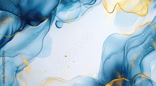 Dynamic blue and gold abstract waves with delicate metallic lines, versatile background for mobile app themes, corporate presentations, and minimalist product packaging designs.