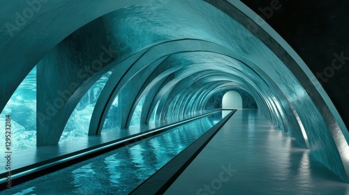 Futuristic indoor tunnel with serene blue lighting and reflective water, showcasing architectural elegance and tranquility