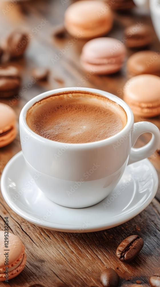 Espresso Coffee Cup with Macarons on Wooden Table Espresso Coffee Cup with Macarons on Wooden Table