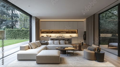 Modern open-plan living area with kitchen and garden views
